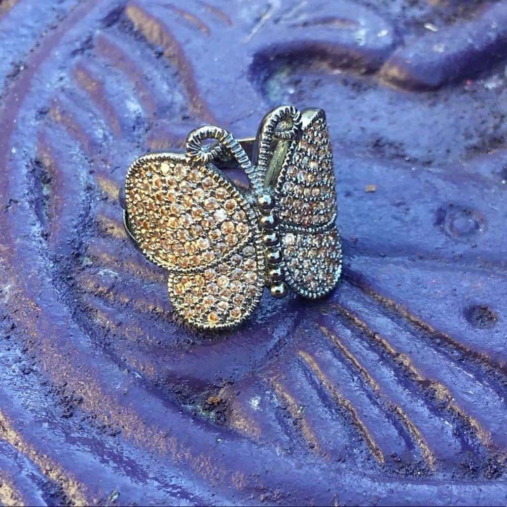 Brass butterfly ring ruthenium AAA grade CZ Ring